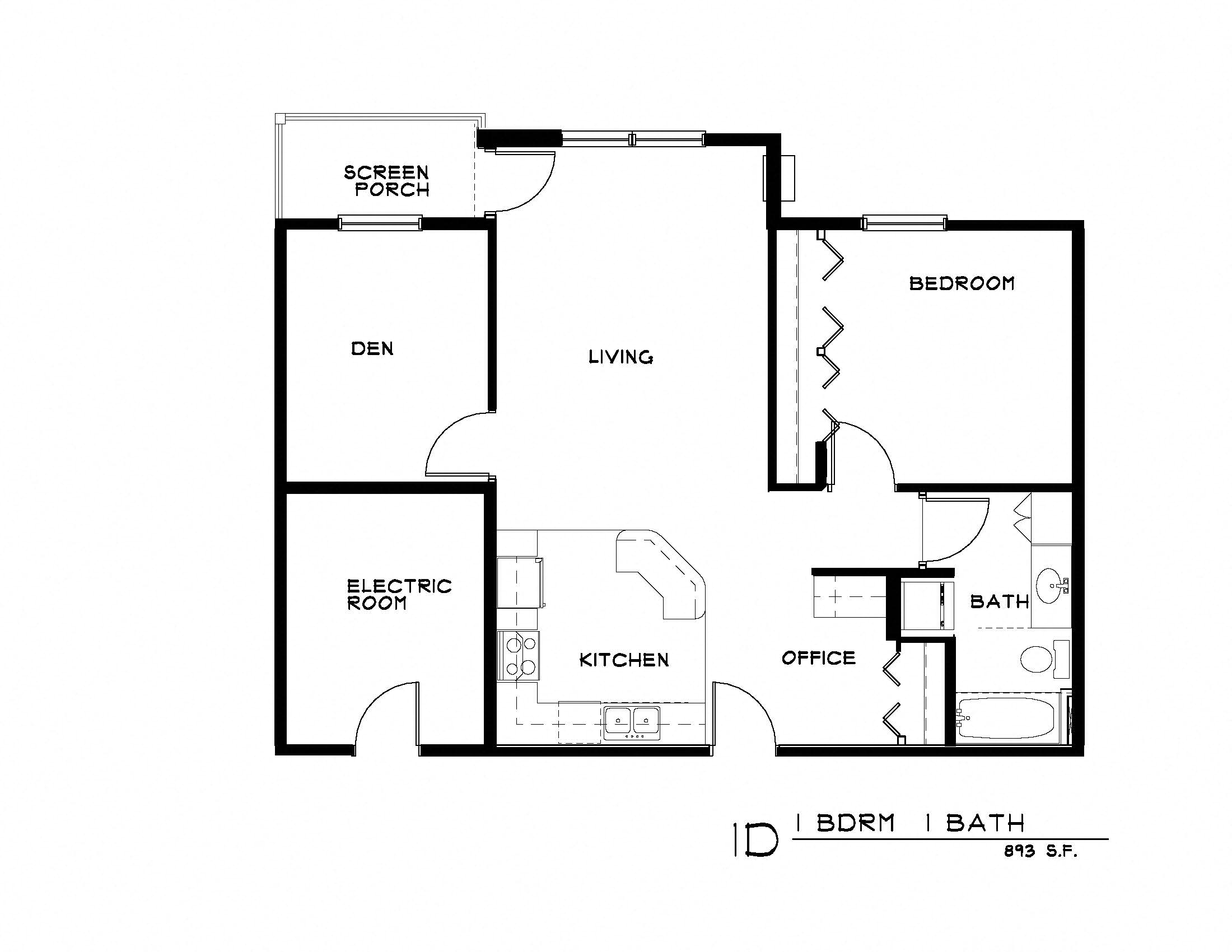 Floor plan for 1 bed, 1 bath, 973 sqft